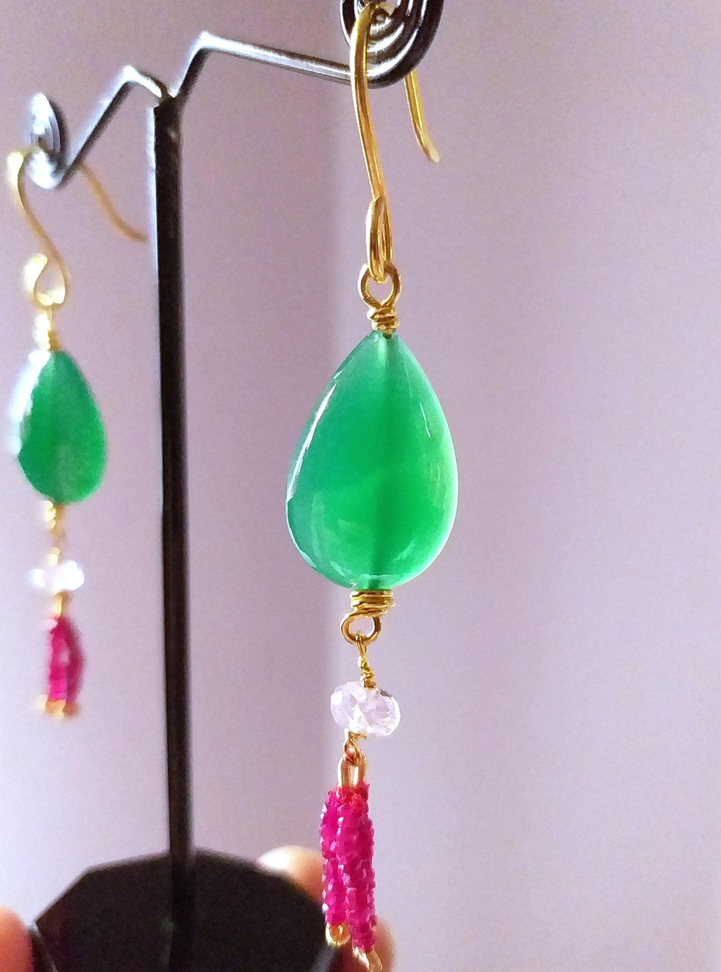 Natural Green Onyx Gemstone, Morganite, Ruby Earrings and Garnet Beads Necklace