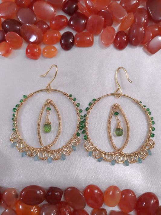 Natural Peridot, Apatite and Tsavorite Beads Hoops, Large Colourful Earrings