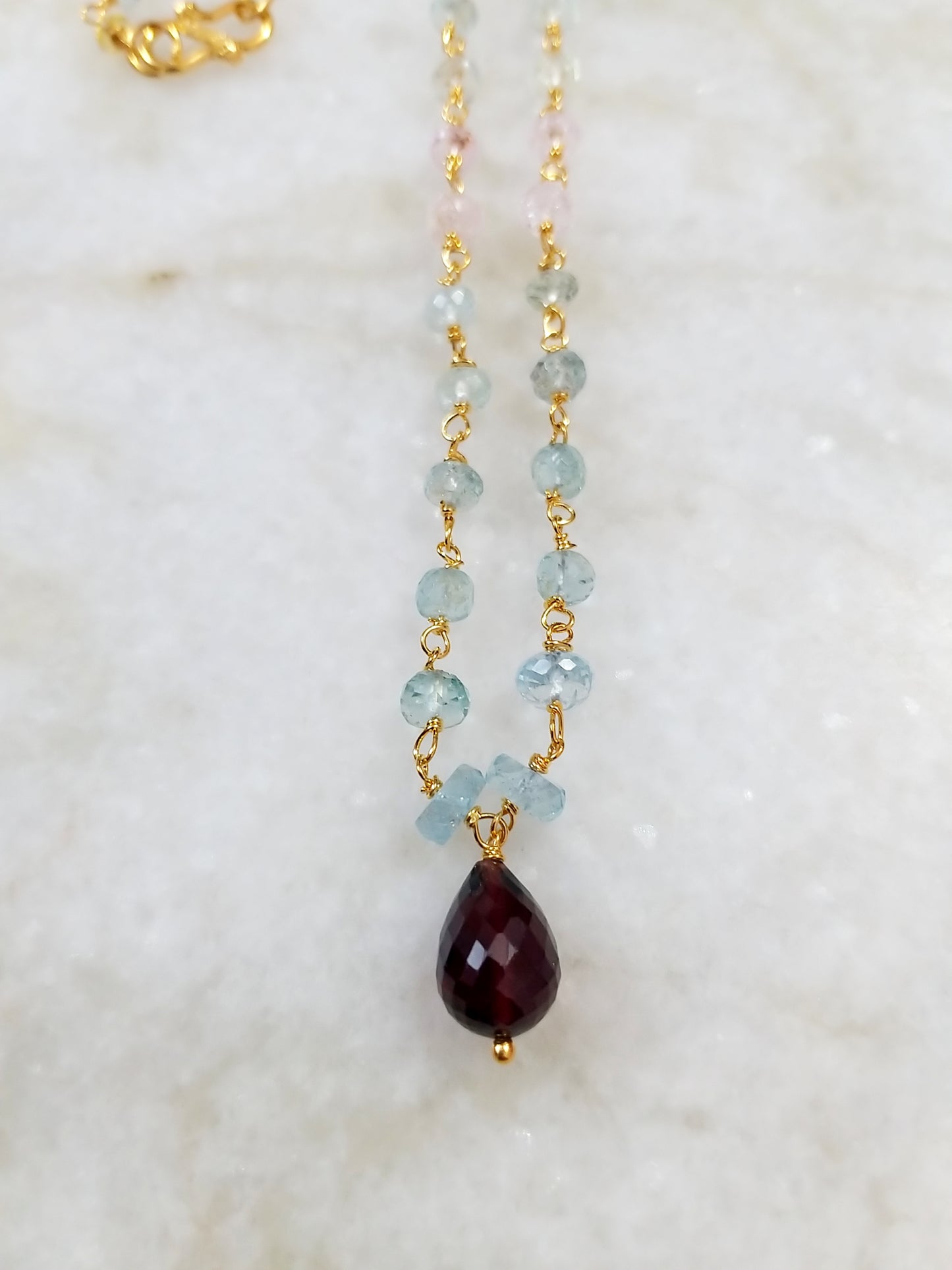 Natural Multi Aquamarine Beads and Garnet Necklace, Birthstone Necklace