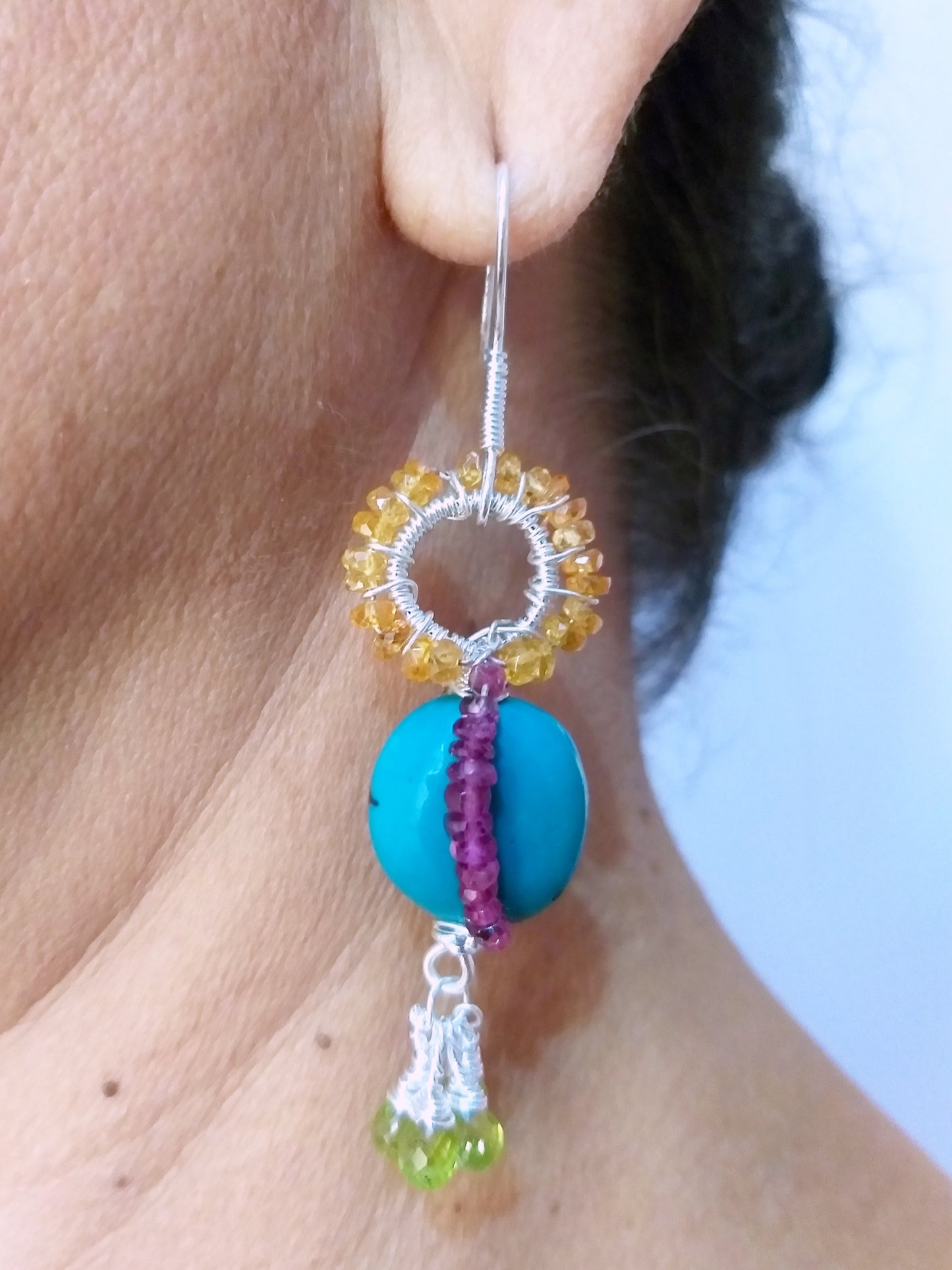 Natural Turquoise, Peridot, Rubellite and Garnet Beads Earrings