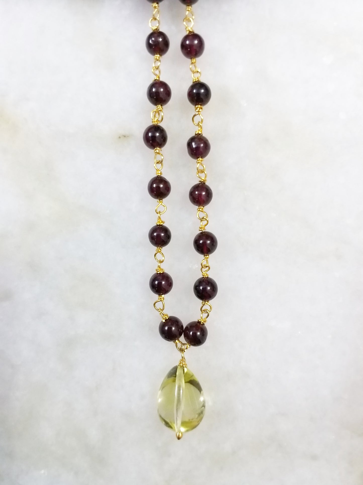 Natural Garnet Beads and Lemon Quartz Fancy Drop Pendant, Gemstones Necklace