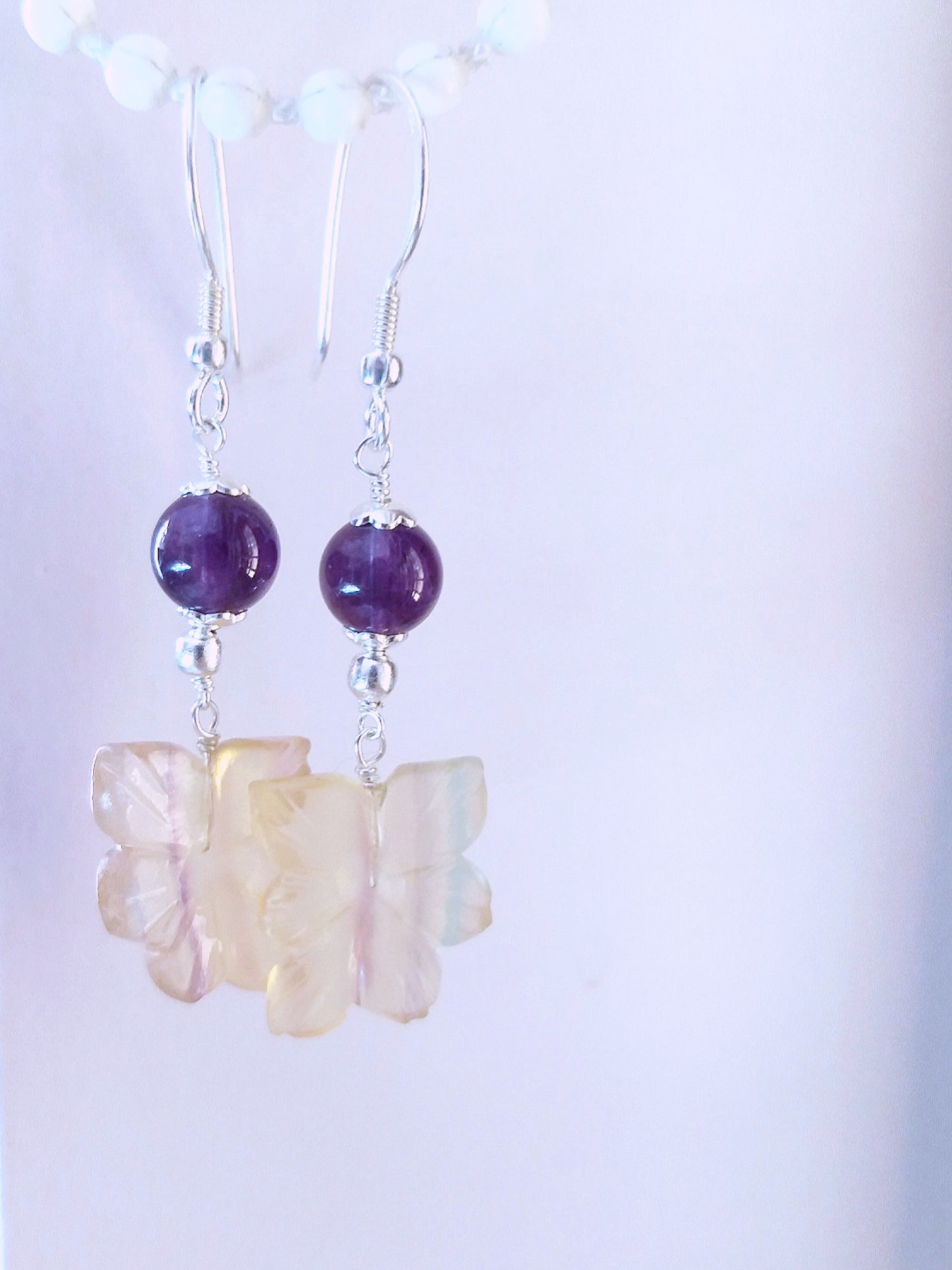 Natural Hand Carved Fluorite Amethyst Silver Earrings, February Birthstone